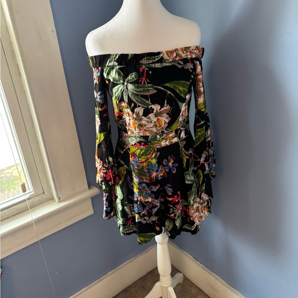 Luxxel Off-Shoulder Floral Jumpsuit - Black and Multicolor